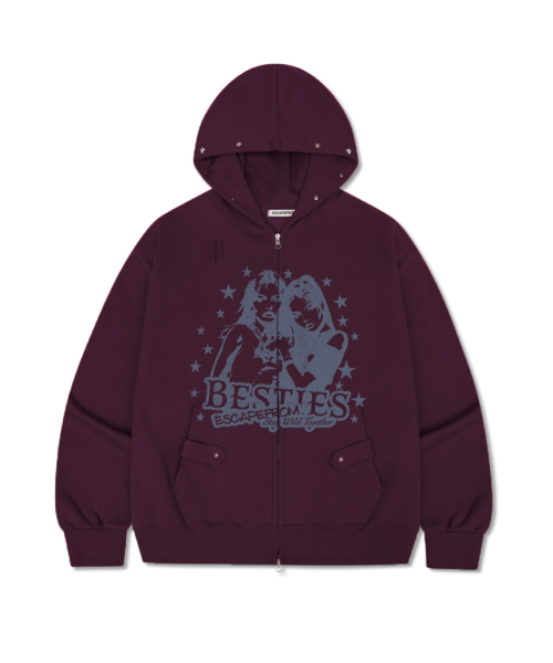 Bestie ESCF Print Star Rivet Point Fleece Two-Way Hoodie Zip-Up