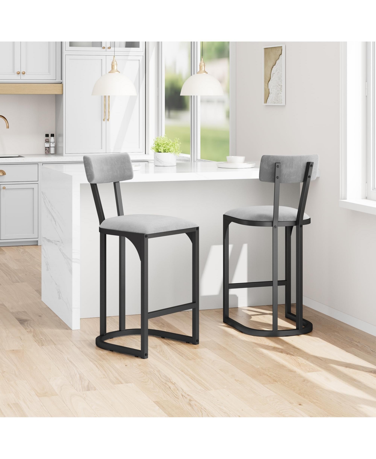 Set of 2 Counter Height Metal Bar Stools with Upholstered