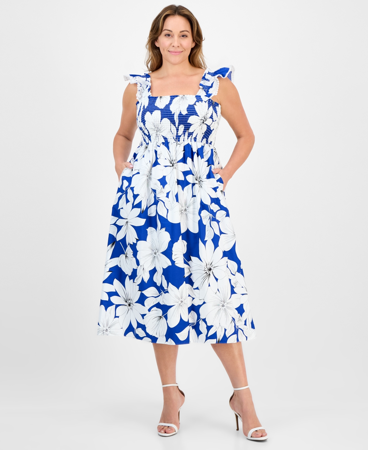Plus Size Floral-Print Smocked Ruffled-Sleeve Cotton Midi Dress - Palace Blue Multi