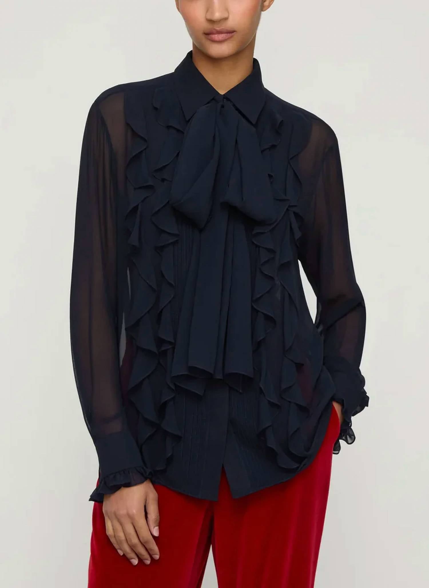 Silk Georgette Ruffle Bow Blouse In Ink