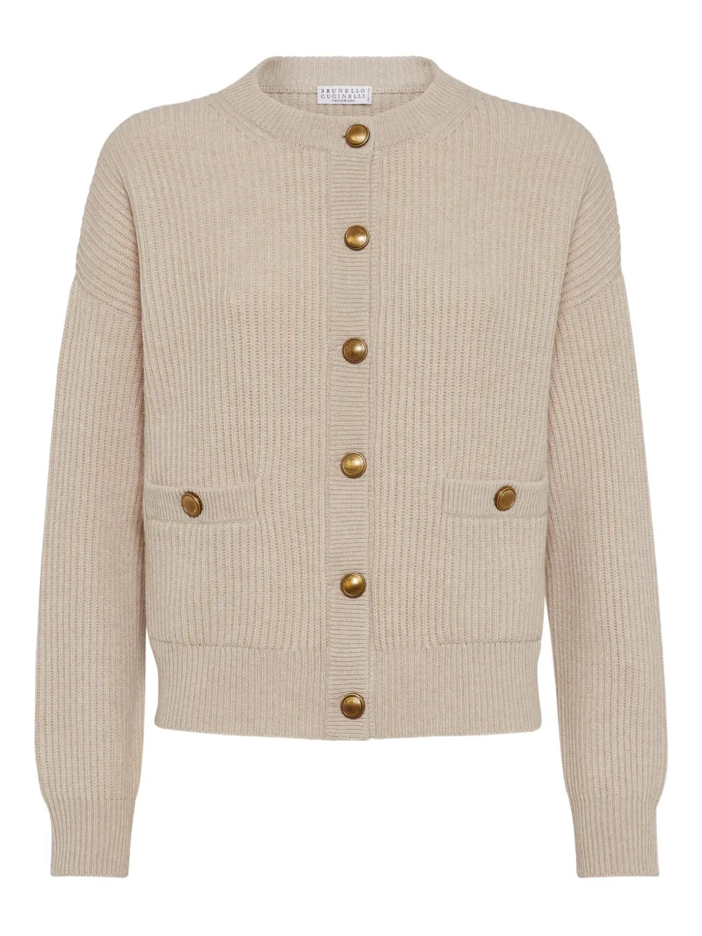 English Ribbed-Knit Cardigan — Beige