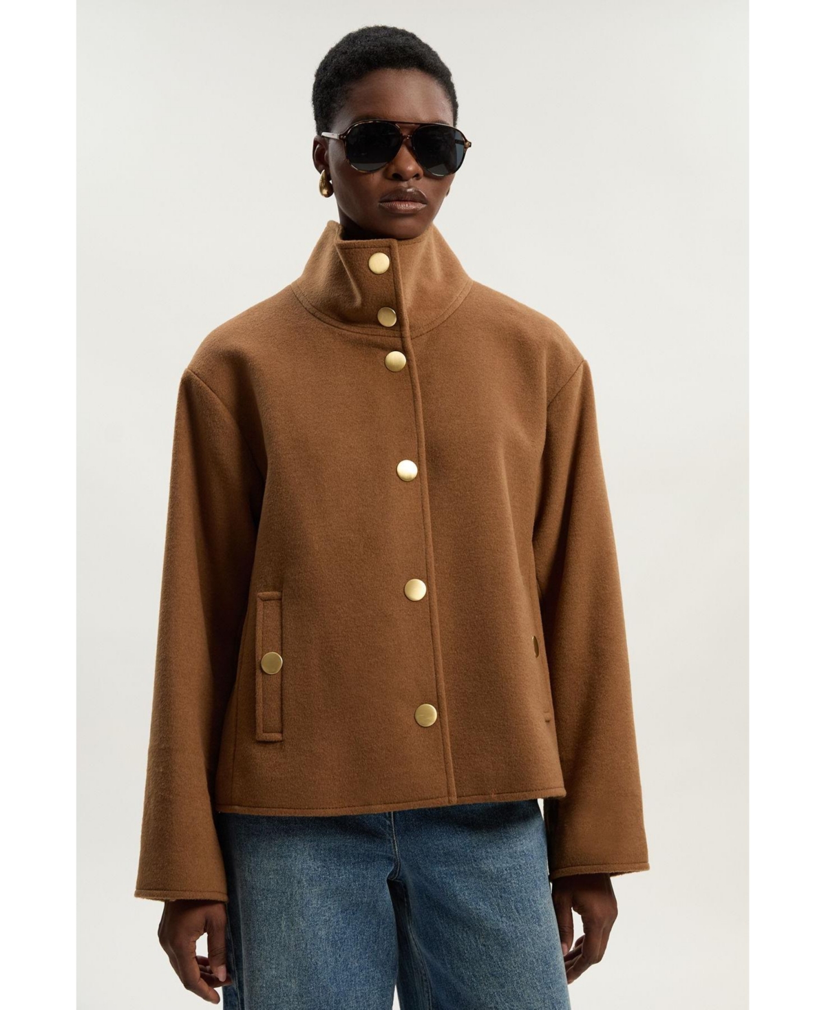 Women's Brushed Wool Funnel Neck Short Coat - Camel