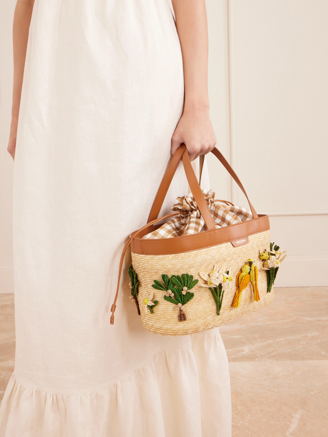 Birdsong Leather-trimmed Appliquéd Raffia Tote - Neutrals