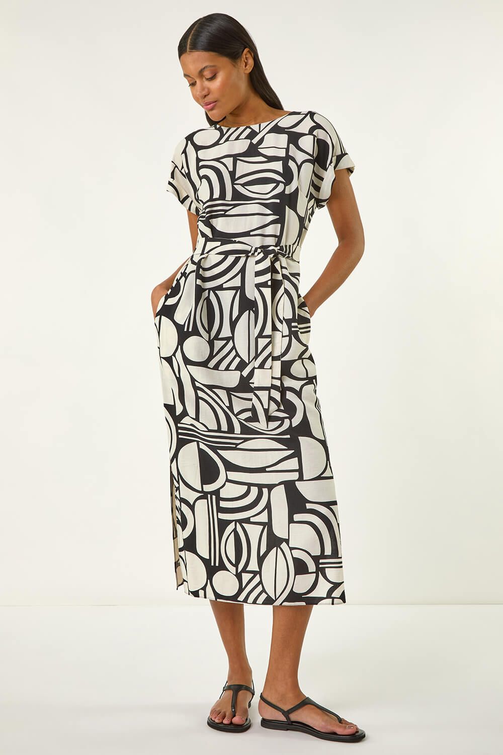 Roman Geometric Textured Midi Dress In Ivory