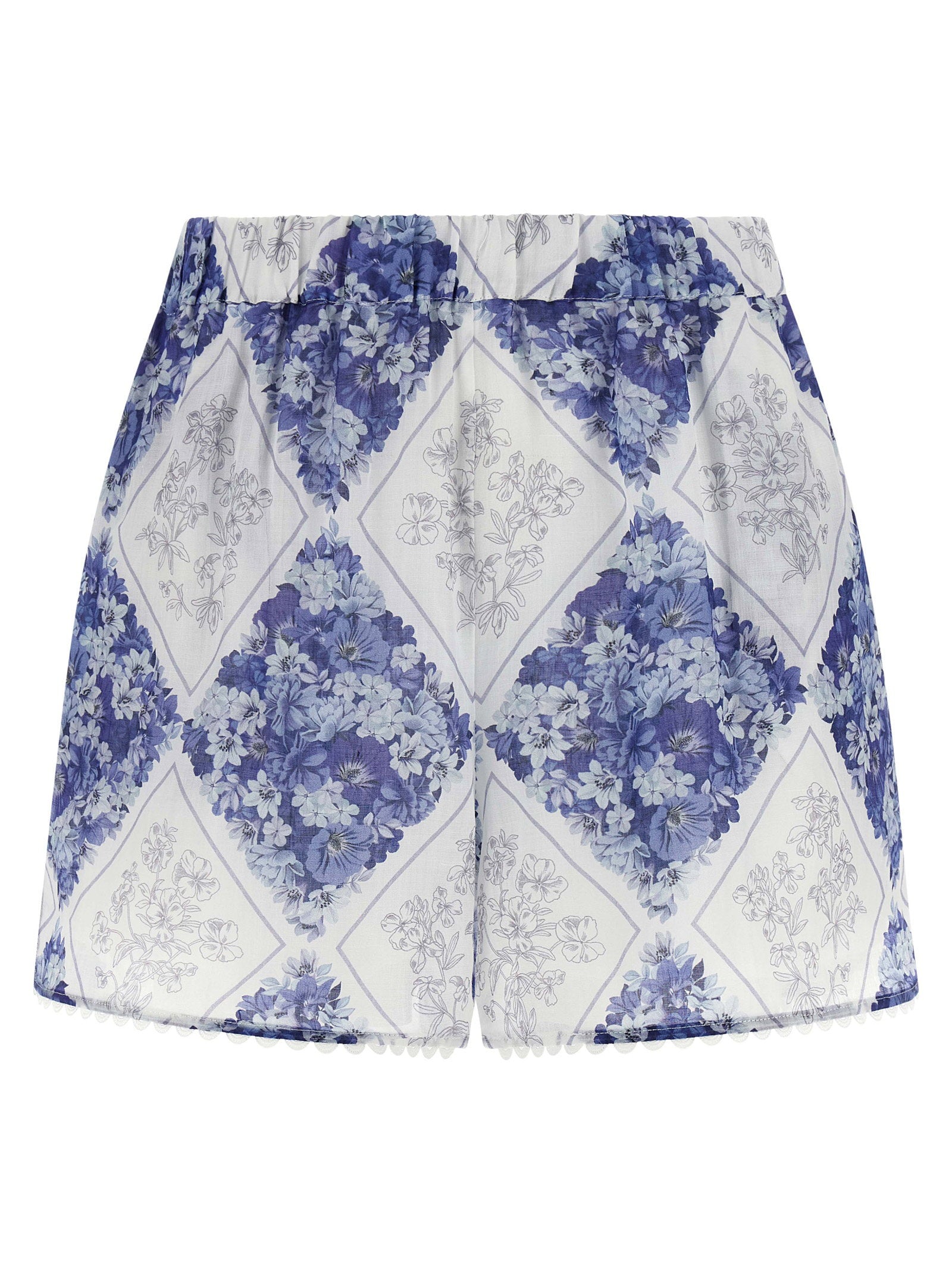 Floral Patterned Lozenge Print Shorts — Blue