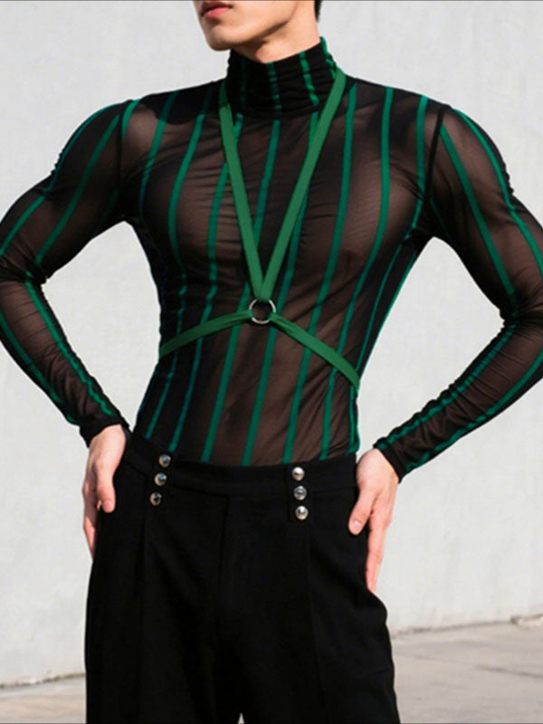 Men's Striped Patchwork Sheer Long Sleeve T-Shirt SKUL23956 - Green / S