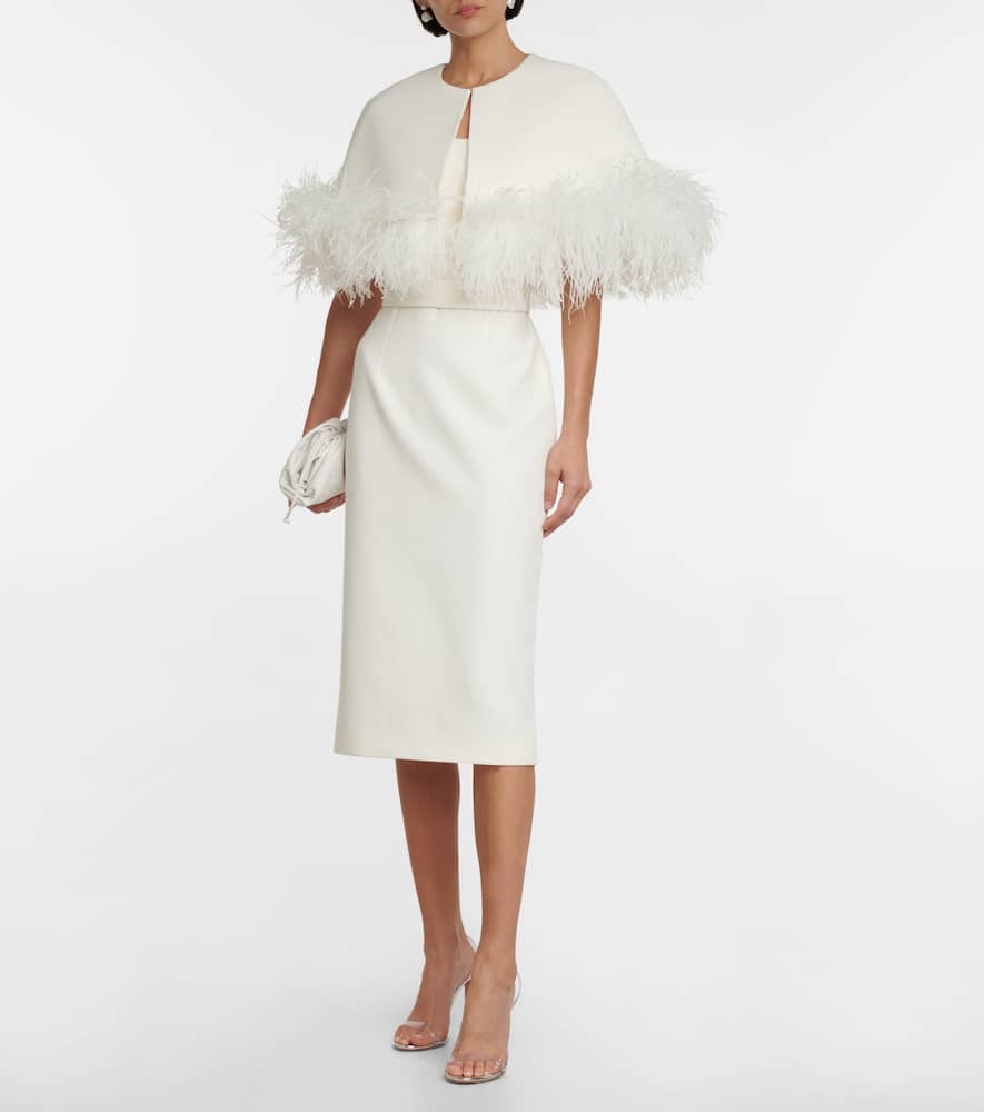 Bridal feather-trimmed crêpe midi dress