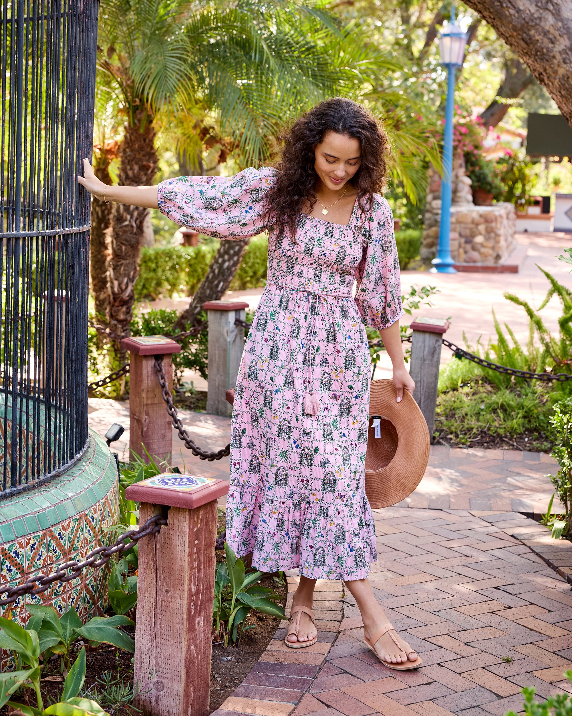 Cotton Short-Sleeve Midi Dress in Gilded Greenhouse | Women's XXS | Pink Spring