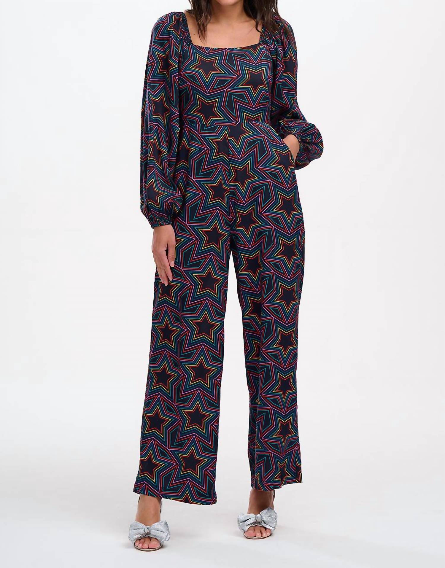 Hestia Shirred Jumpsuit In Rainbow Star Explosion