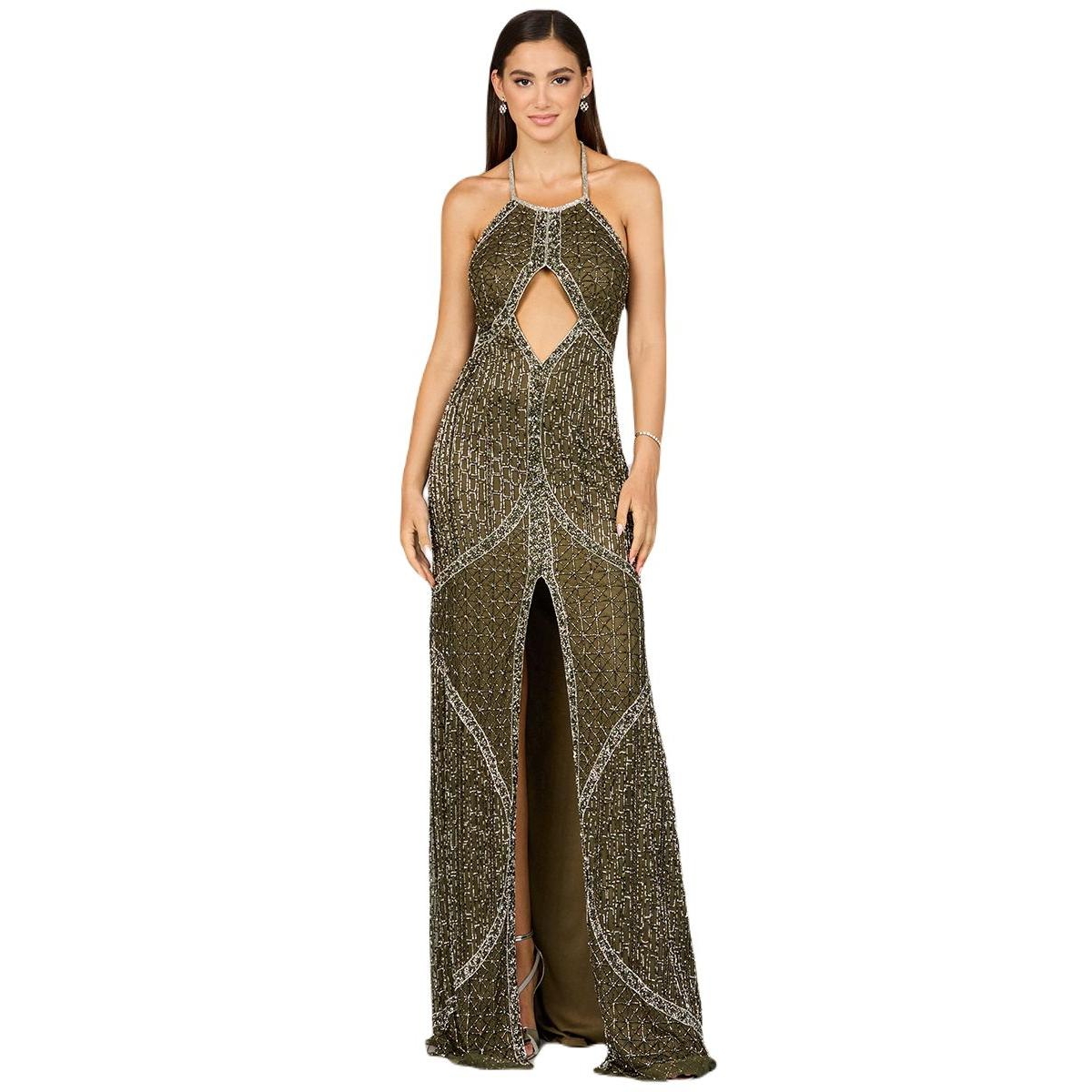 Women's Symmetrical Halter Neck Beaded Gown - Olive