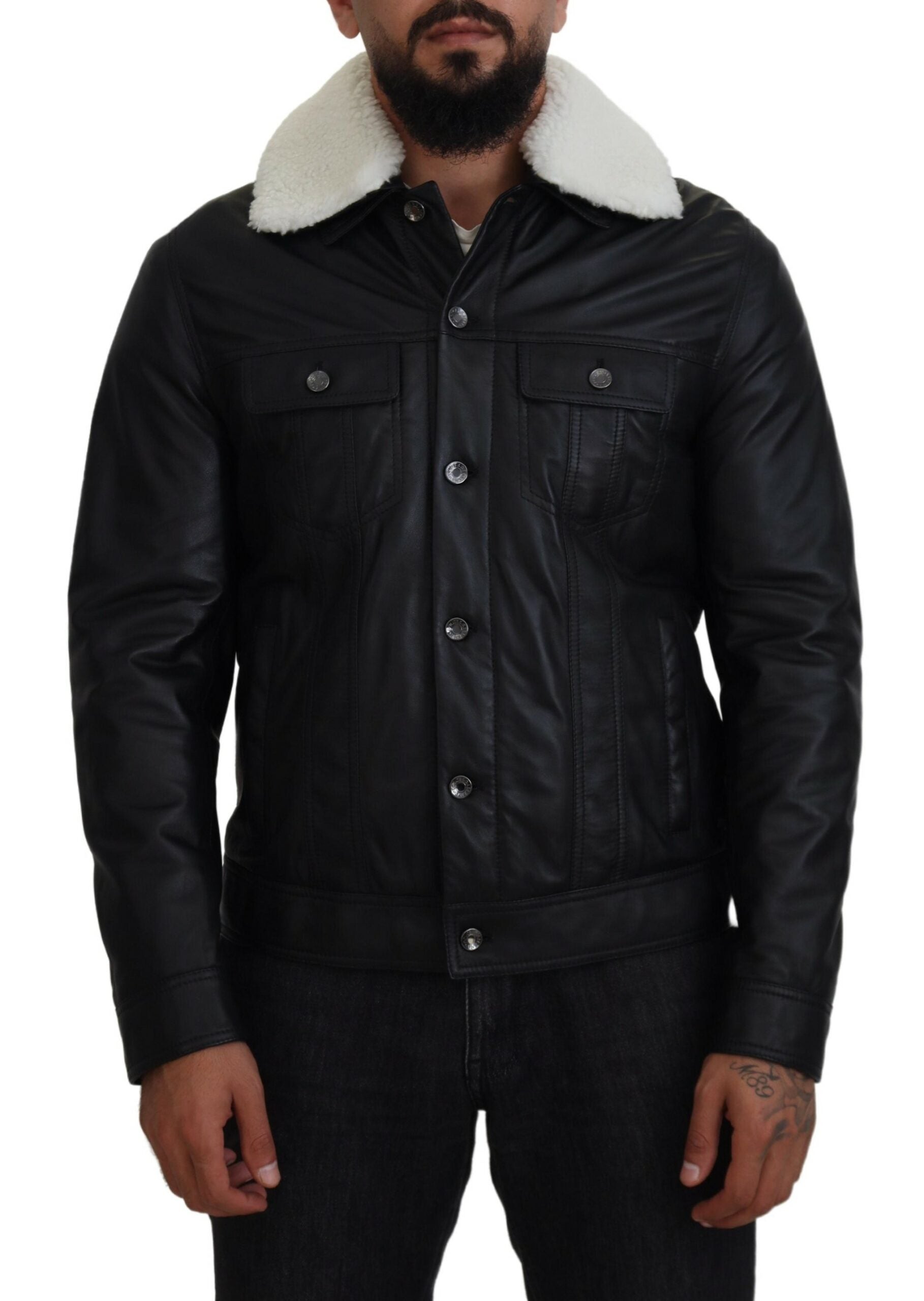 Sherpa-Collar Leather Jacket — Black