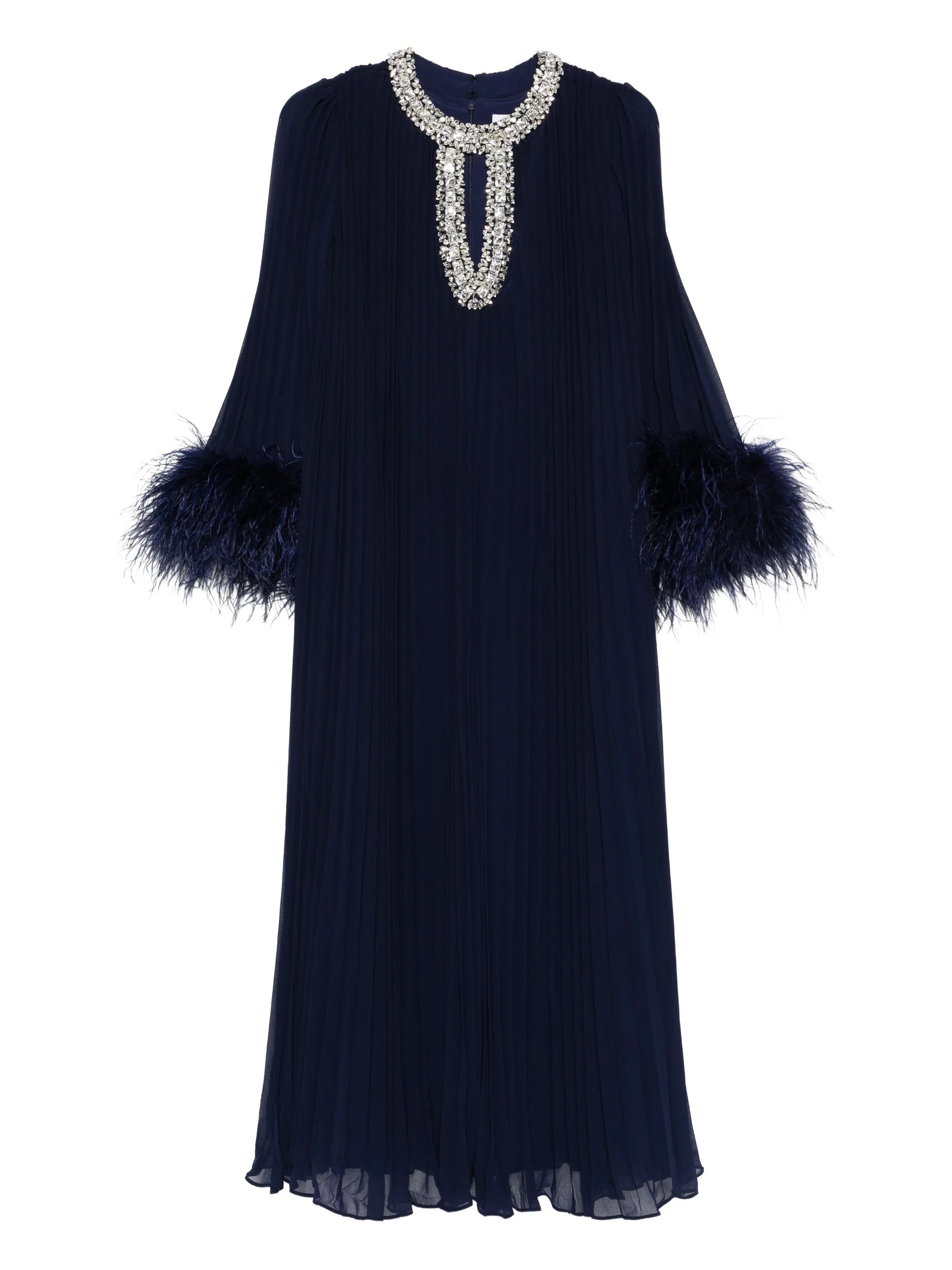Rhinestone Neckline Pleated Chiffon Midi Dress with Ombre Feather Cuffs