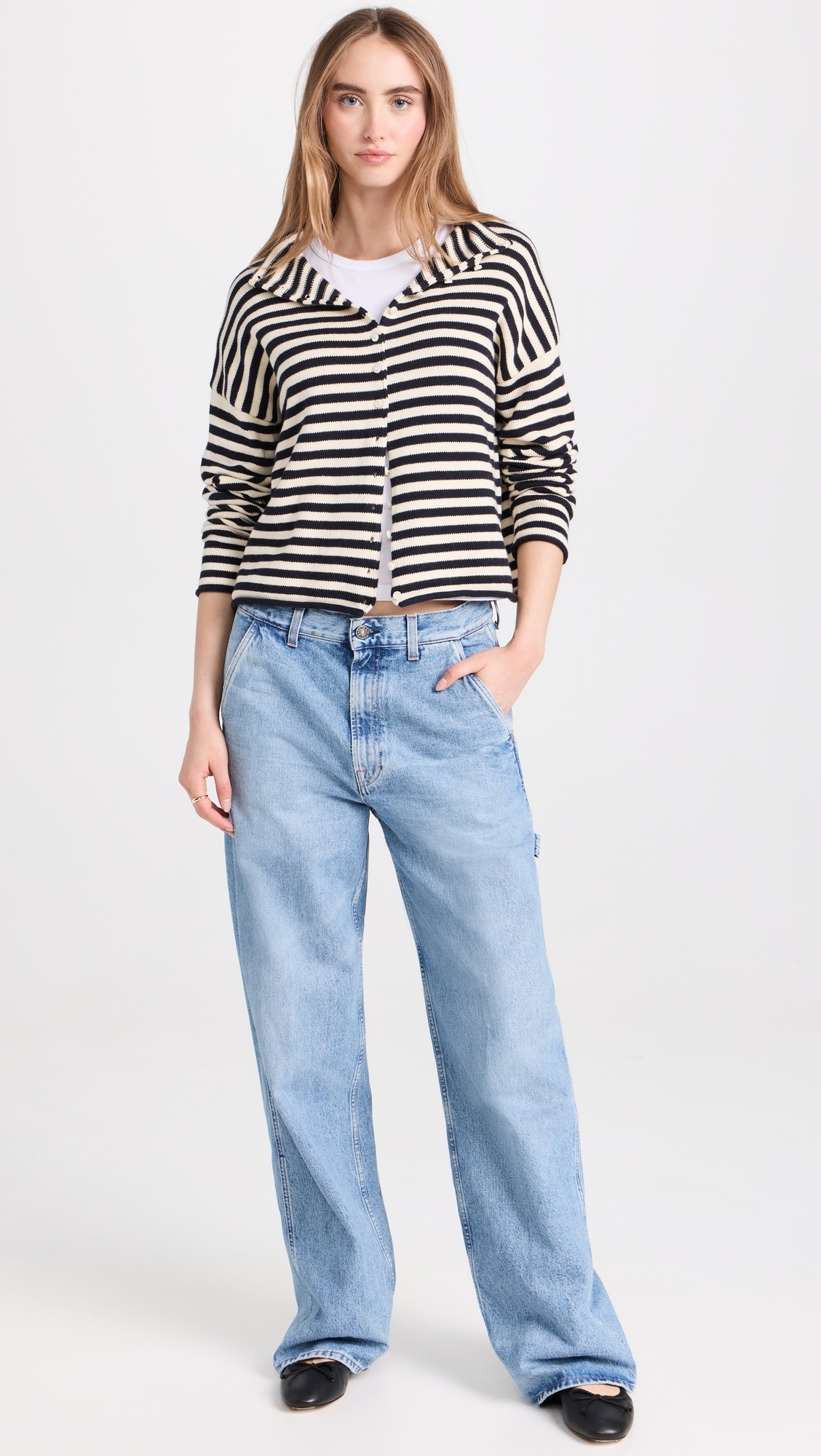 Taylor Cardigan in Stripe Cotton Cashmere Blend Navy/Ivory