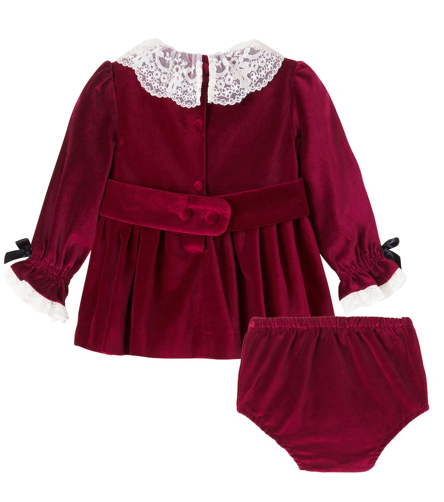 Baby lace-trimmed velvet dress and bloomers set