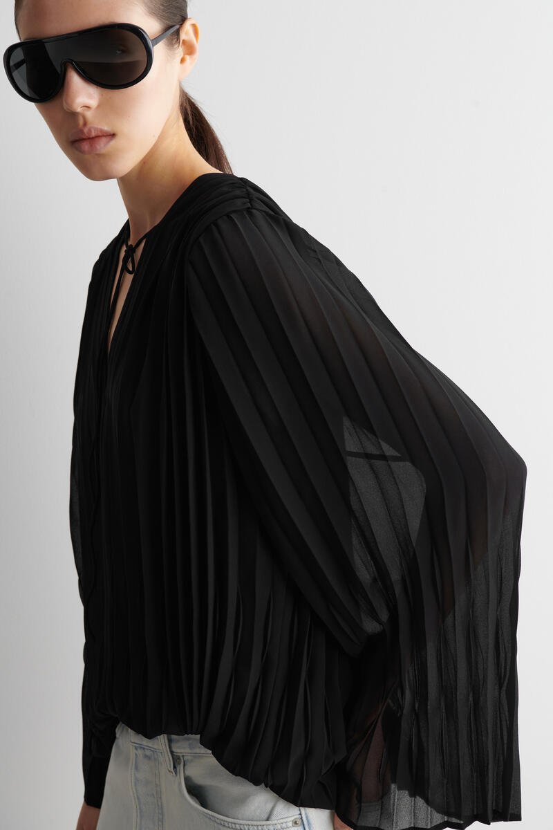Tie-Front Pleated Georgette Blouse