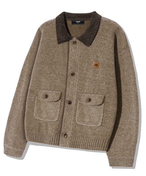 Leather Patchwork Velvet Cardigan Knit_Beige