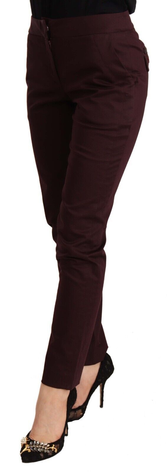 Mid-Waist Skinny Trousers — Burgundy