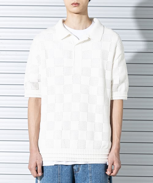 Checkerboard mesh knit half shirt MSTNT003-CR