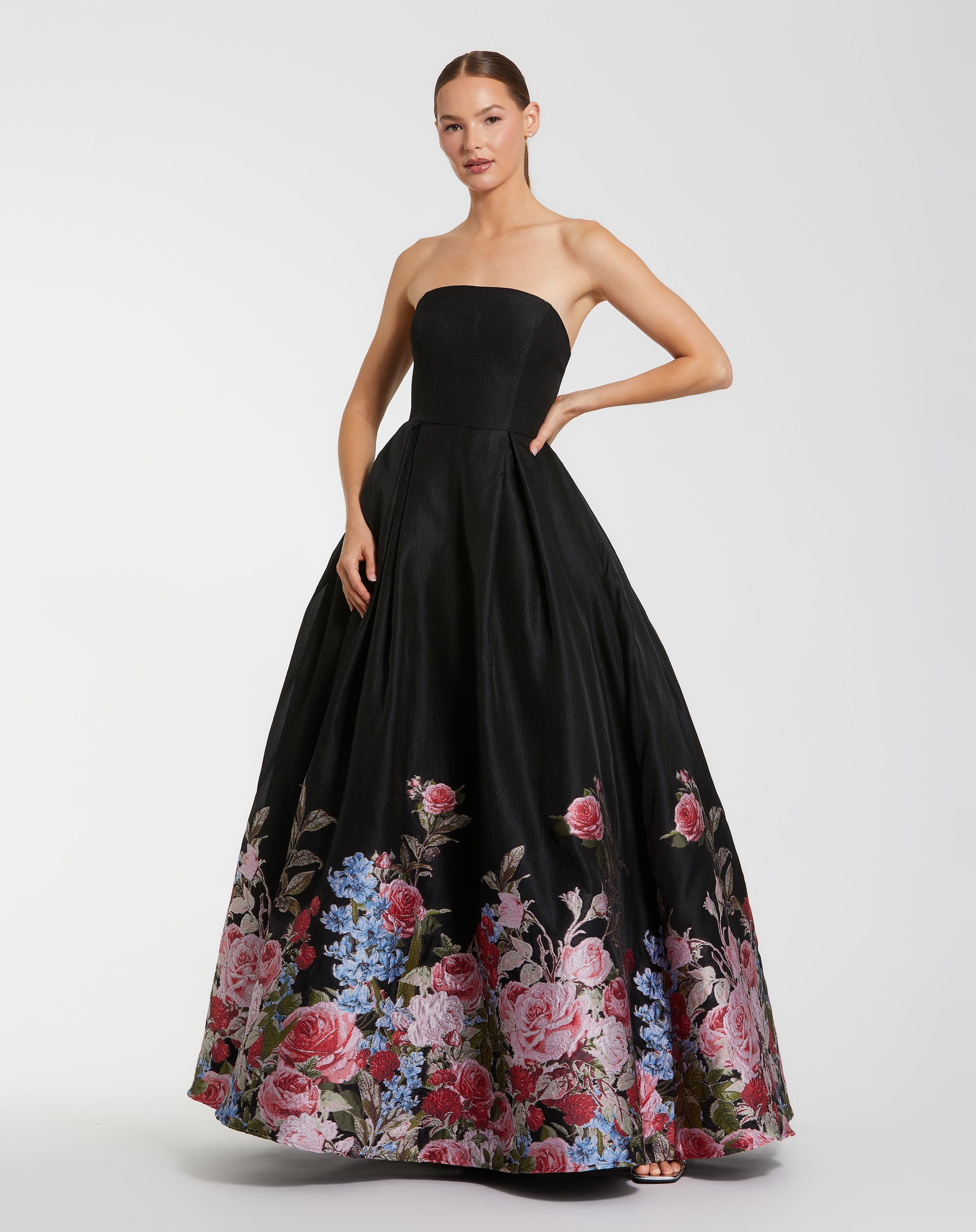 Strapless Floral Brocade Ball Maxi Gown In Black Multi