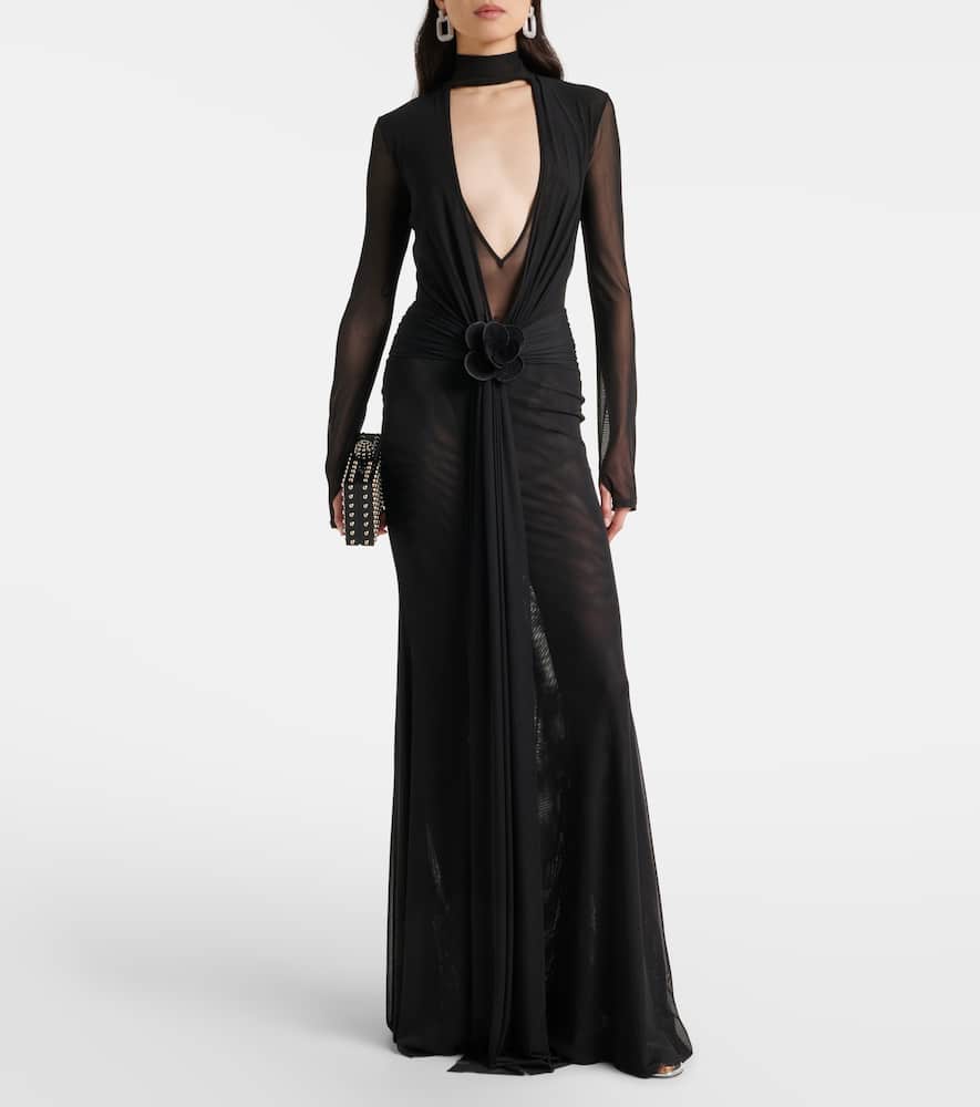 Floral-appliqué mesh gown