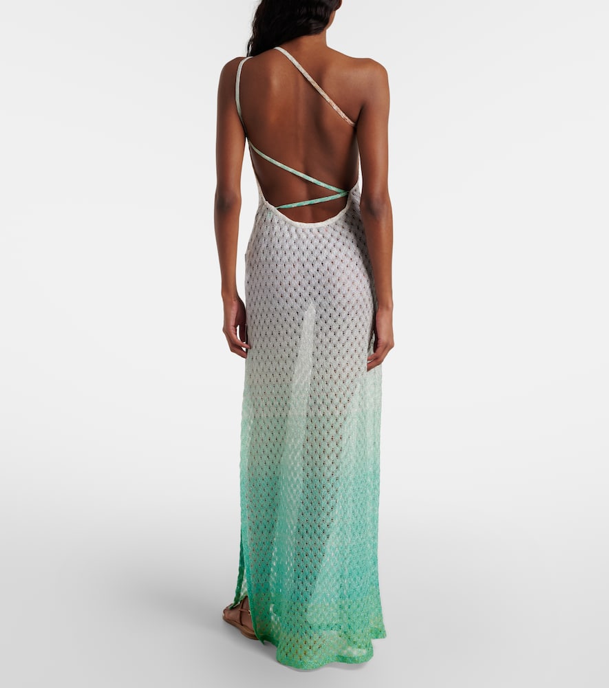 Open-knit one-shoulder lamé beach cover-up