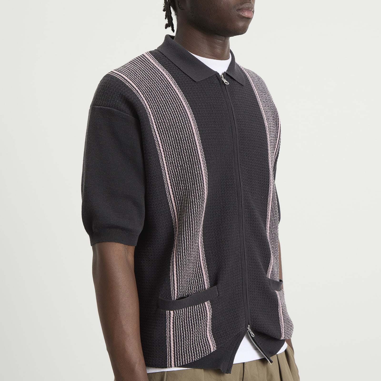 Men's Stripe Zip Knit Polo in Charcoal