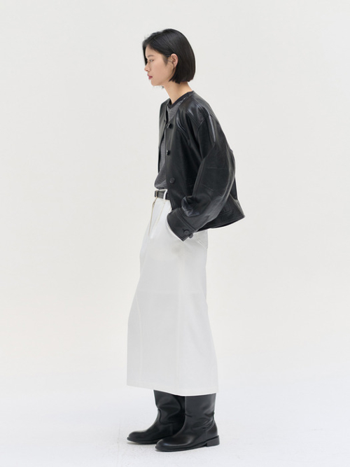 Collarless leather crop jacket