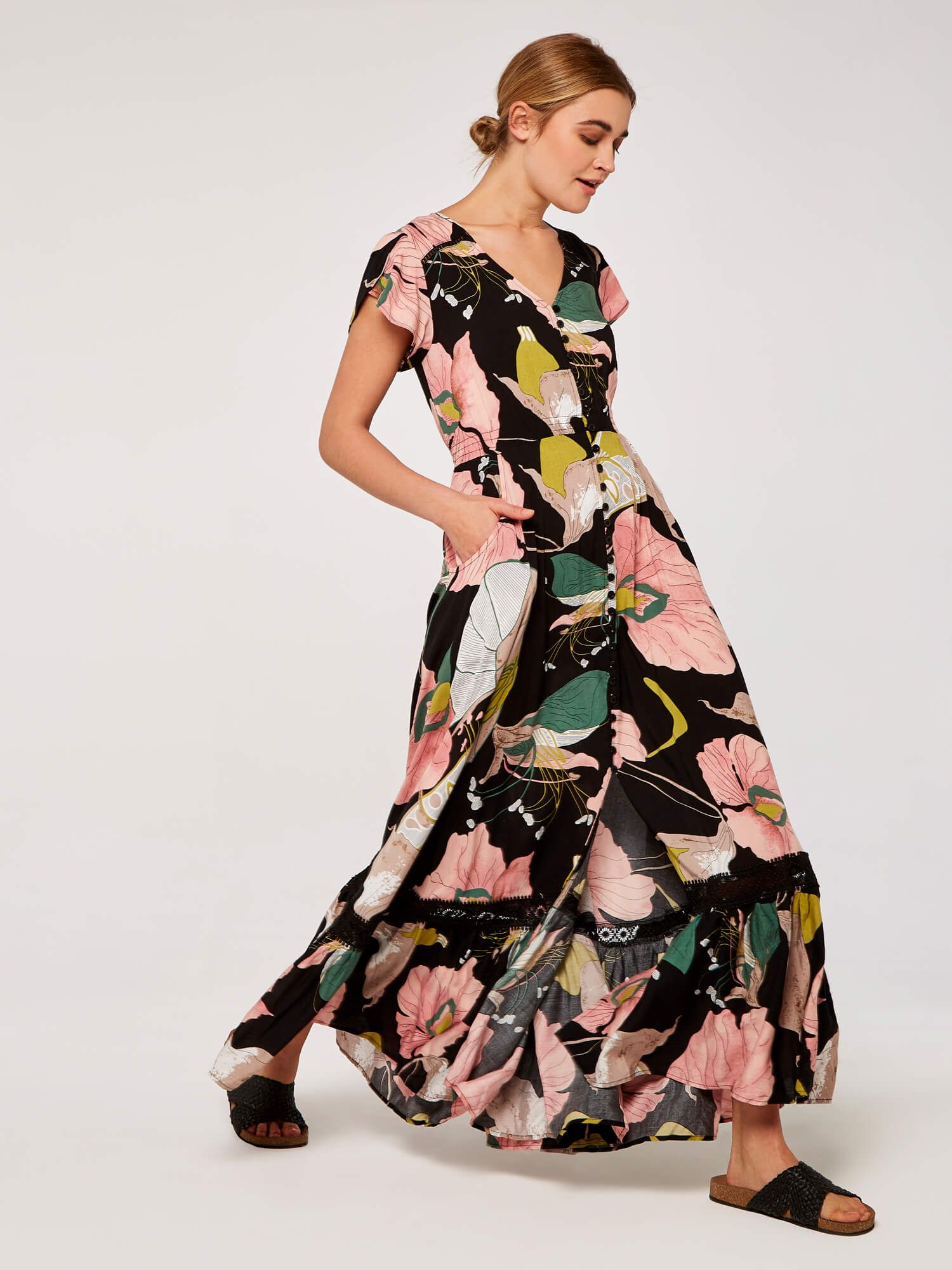 Apricot Women's Graphic Floral Print Maxi Dress in Black
