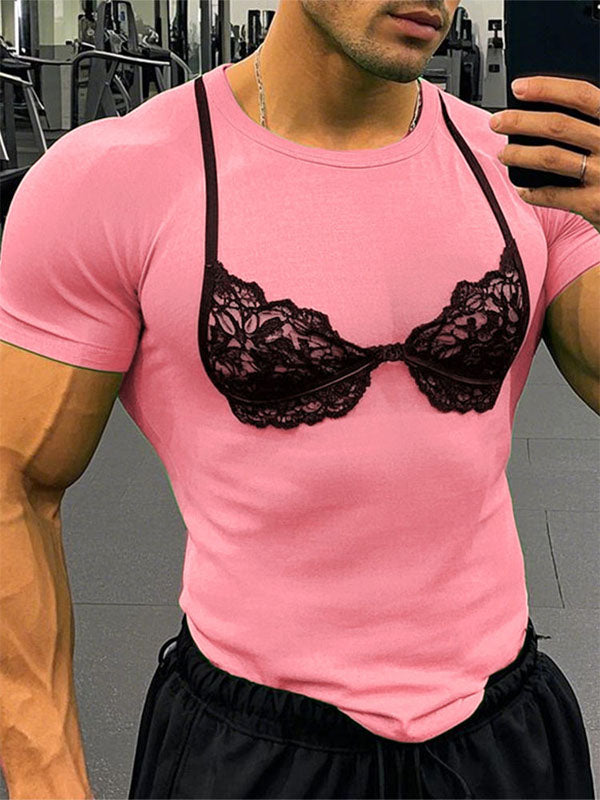 Mens Lace Print Short Sleeve T-Shirt SKUL02149 - Pink / S