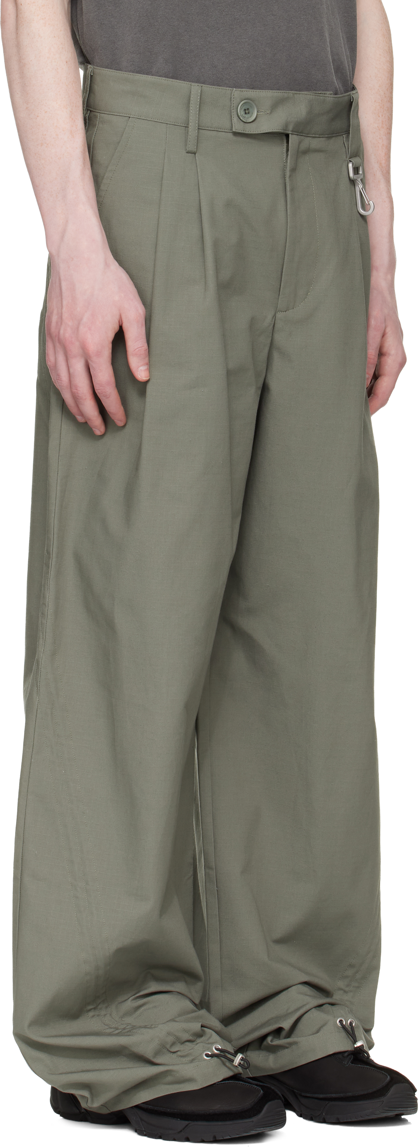 Khaki Cotton Ripstop Pleated Trousers