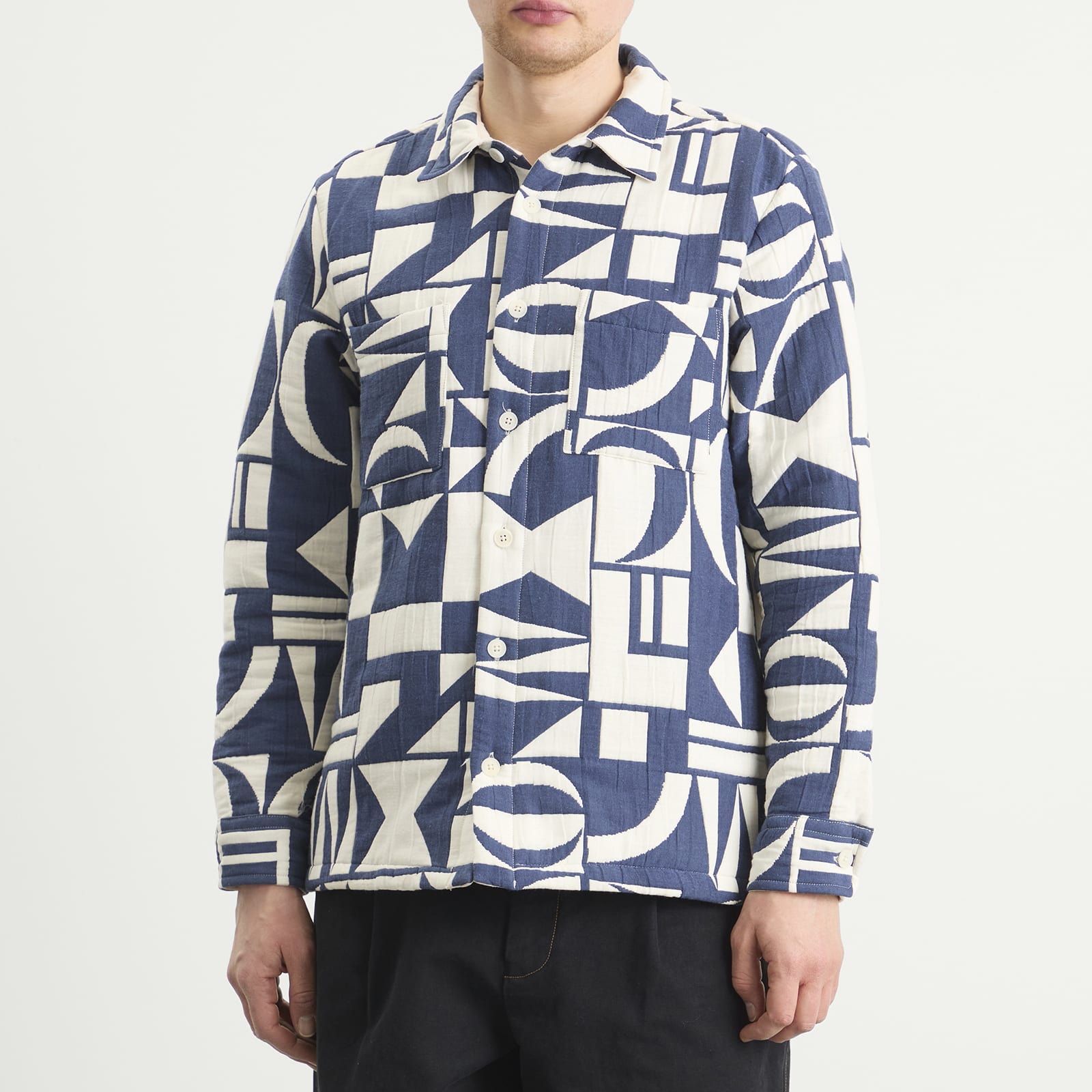 Men's Otto Geo Block Quilt Overshirt in Blue/Ecru