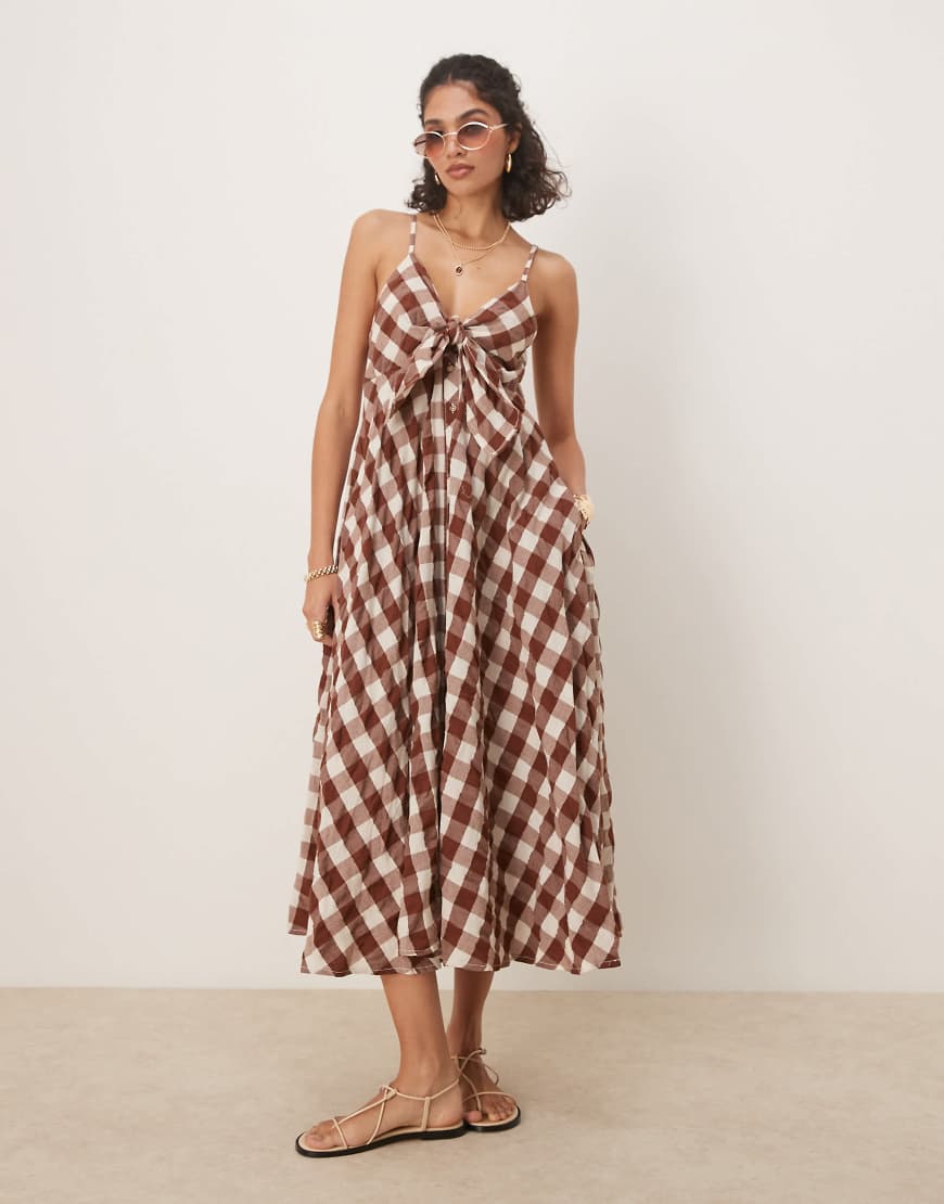 Via gingham cami midi dress in brown