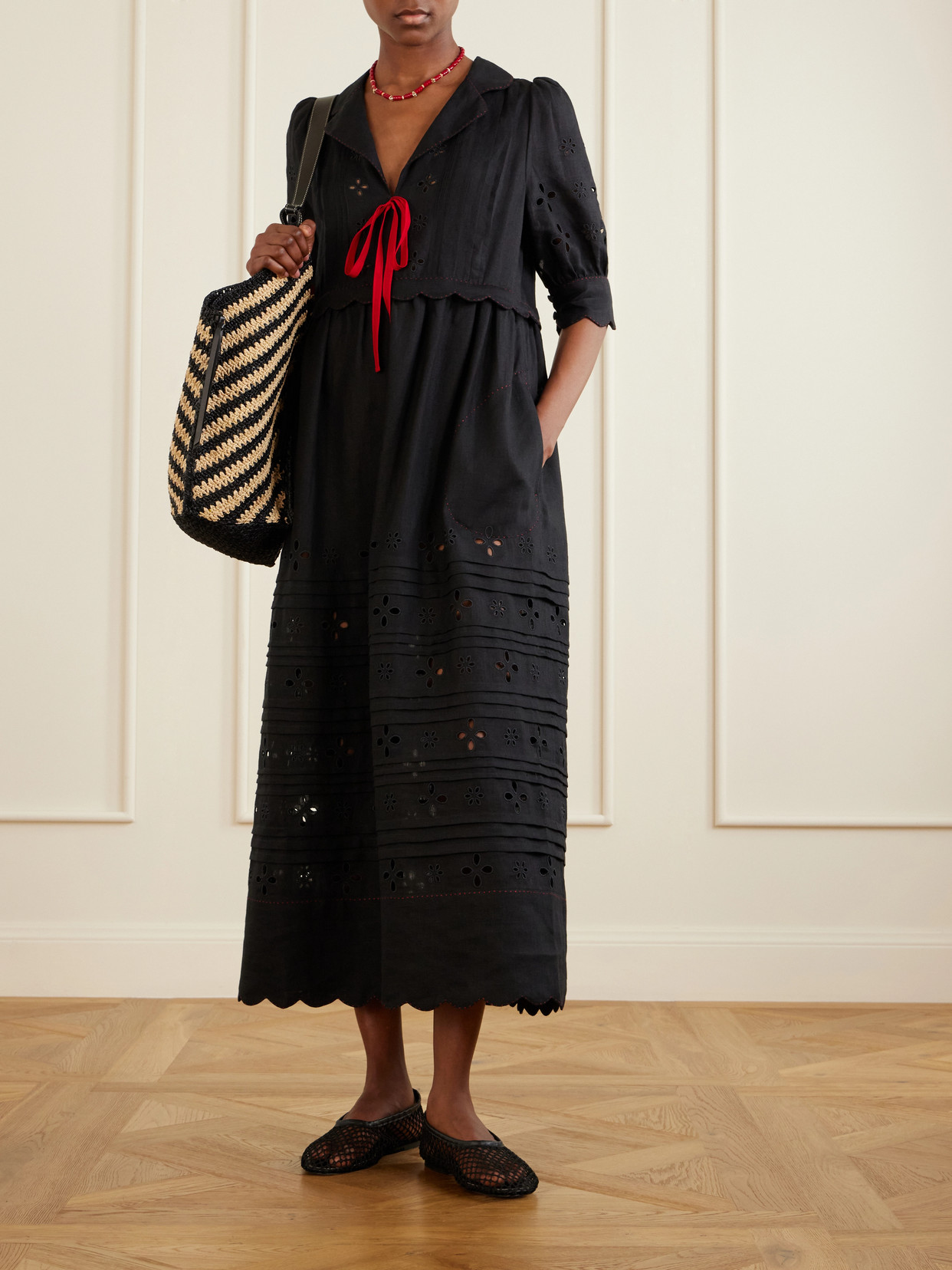 Bari Tie-detailed Broderie Anglaise-trimmed Linen Midi Dress - Black