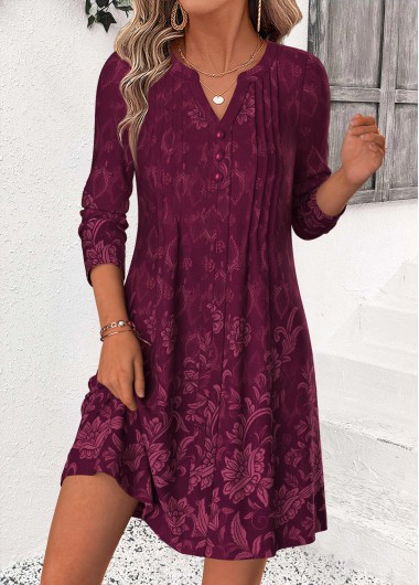 Modlily Wine Red Random Floral Print Short Tuck Stitch Dre