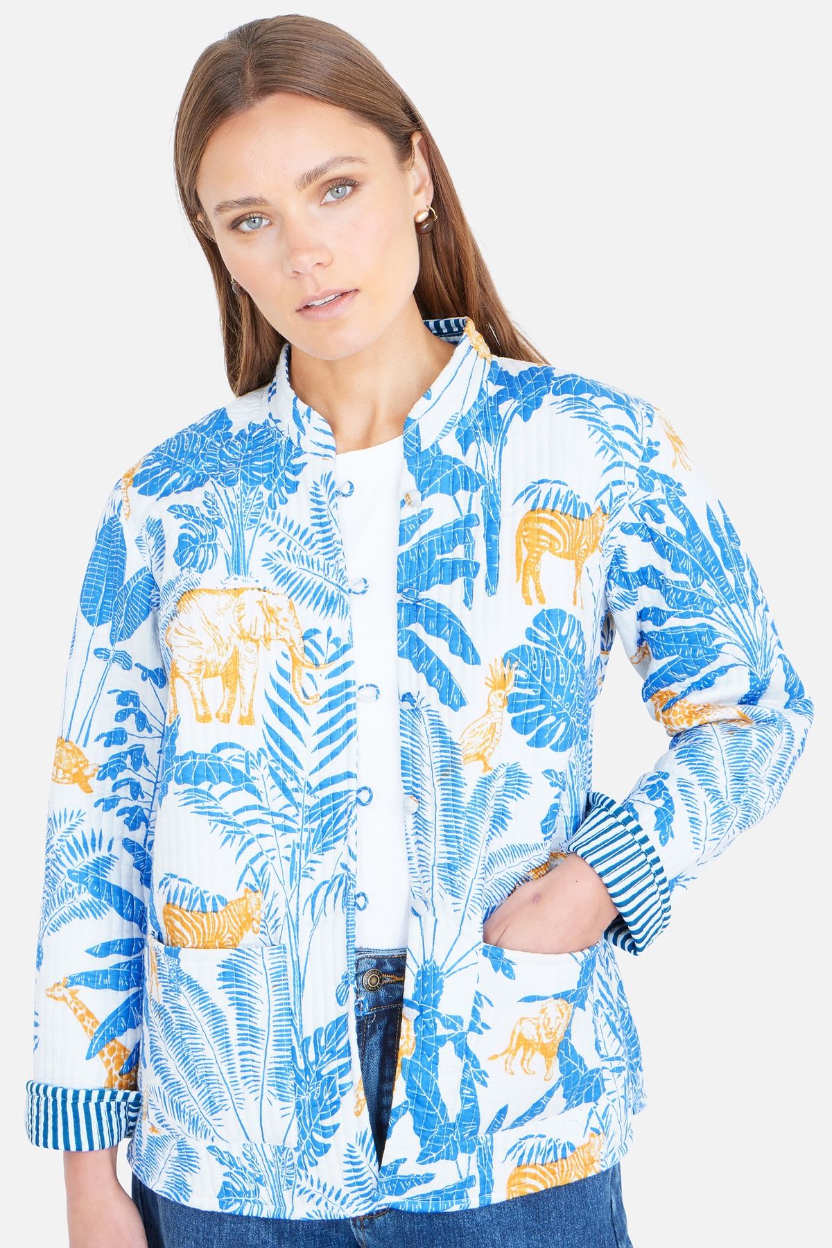 Yumi Women's Blue Jungle Reversible Cotton Quilted Jacket in Bright Blue