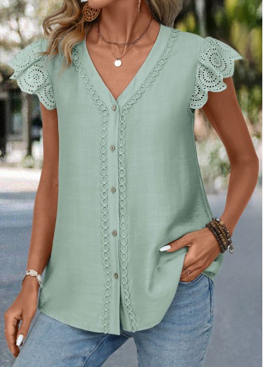 Modlily Sage Green Patchwork Short Sleeve V Neck Blouse