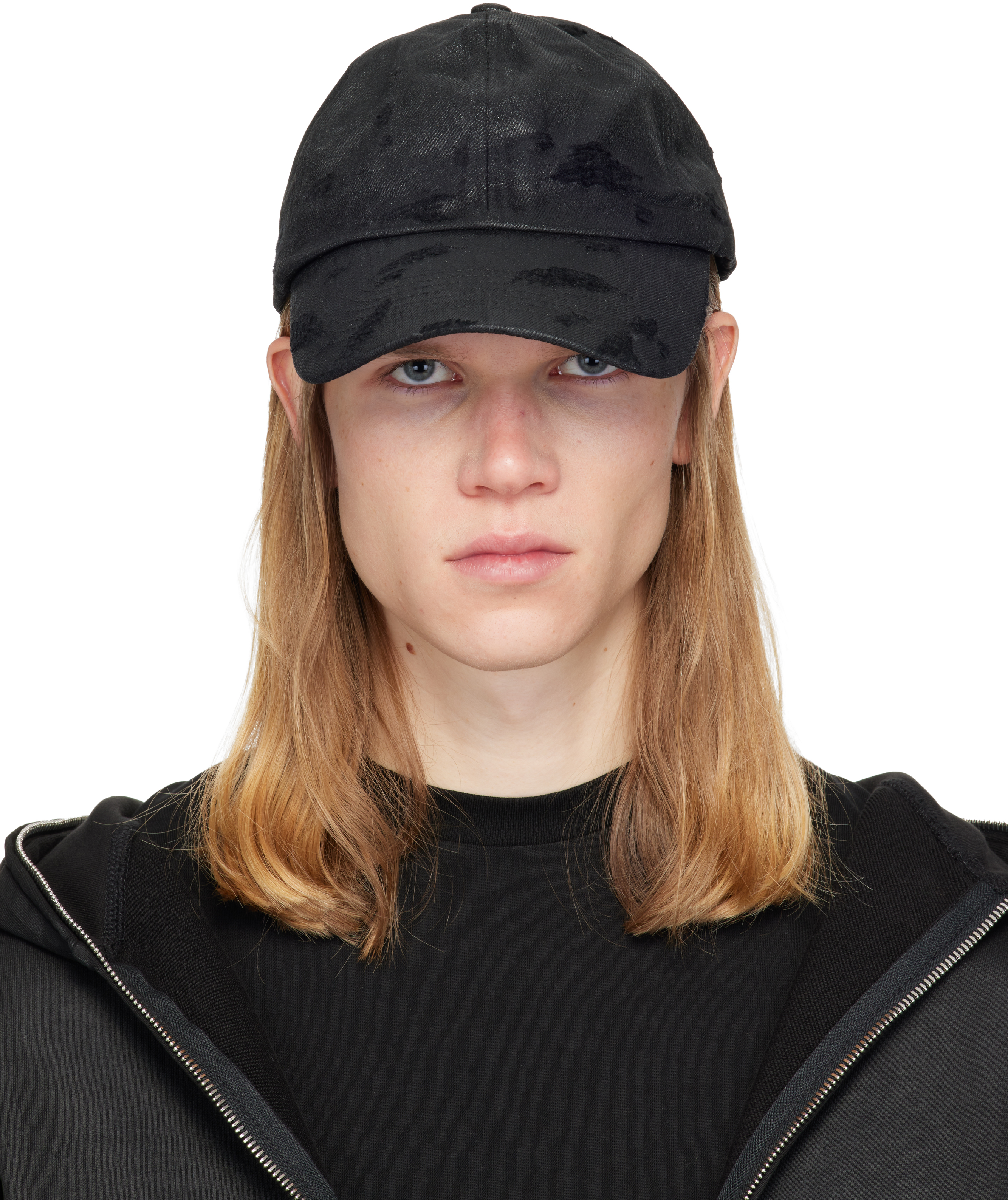 Black Distressed Waxed Denim Cap