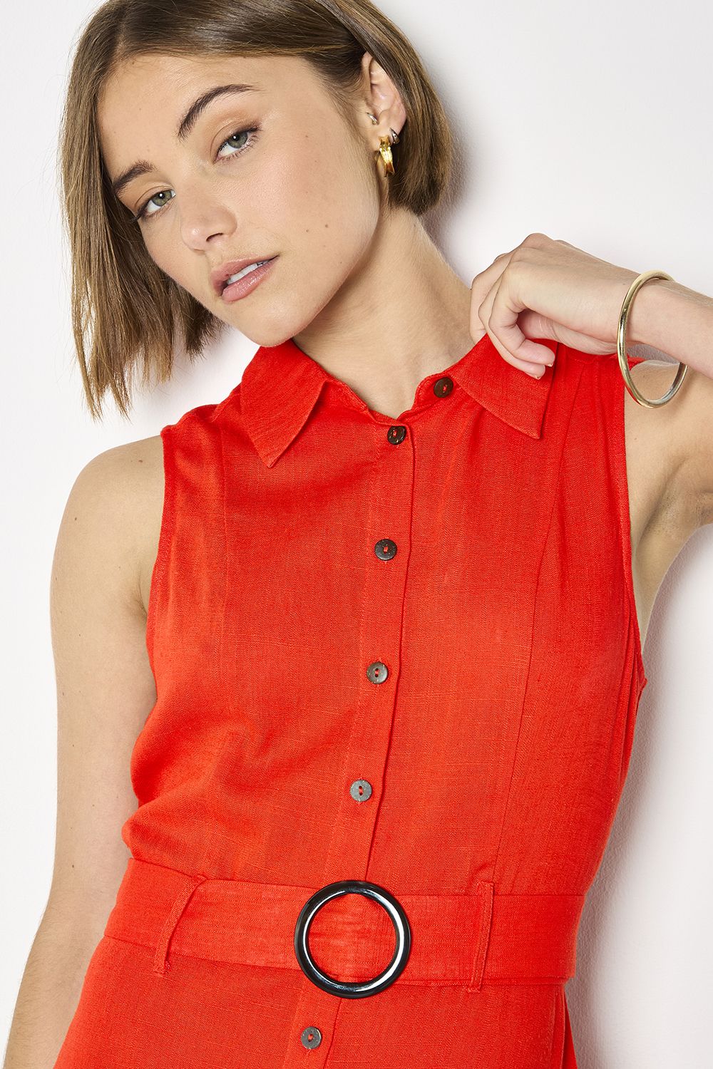 Apricot Linen Blend Shirt Midi Dress In Red