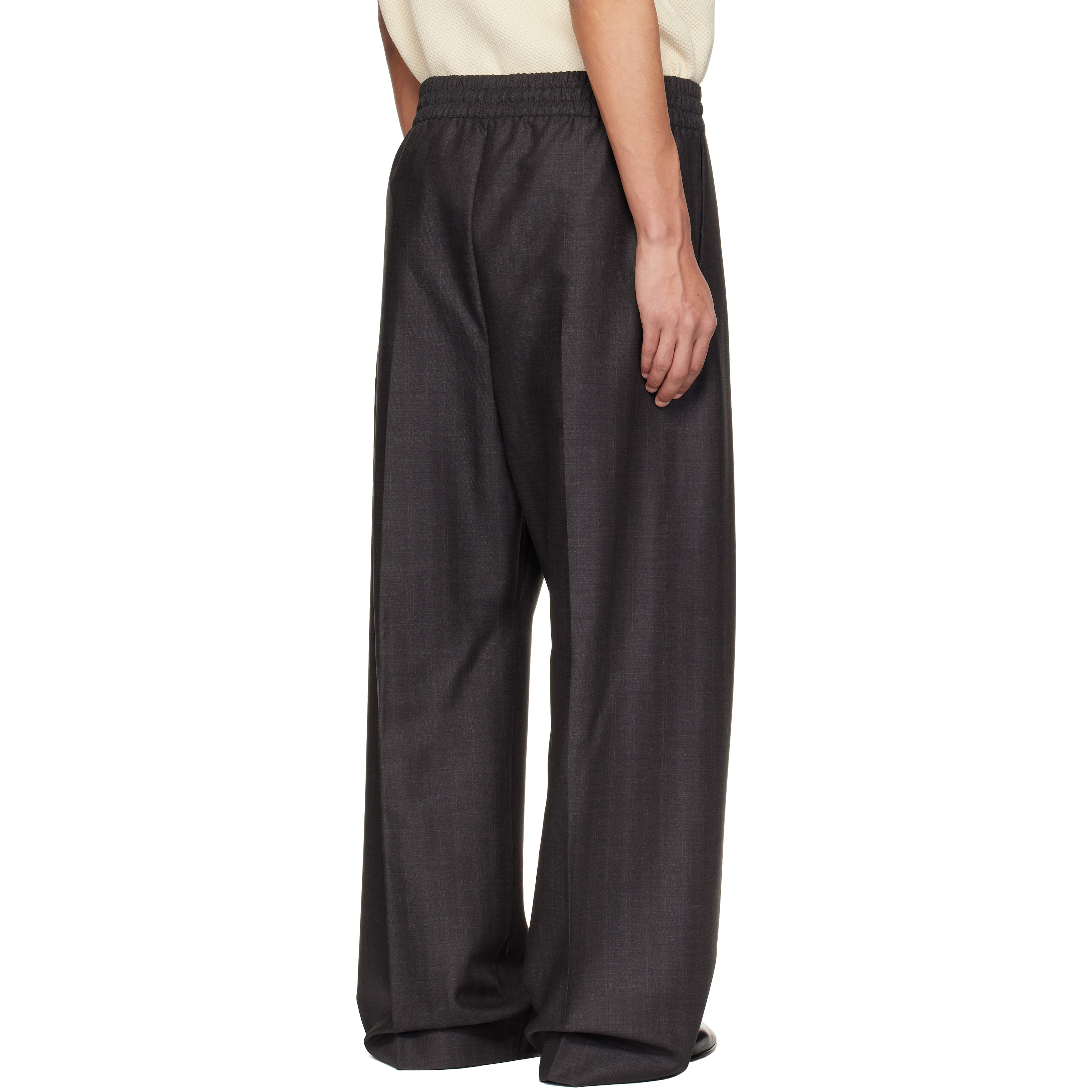 Gray Striped Wool Wide Leg Drawstring Trousers