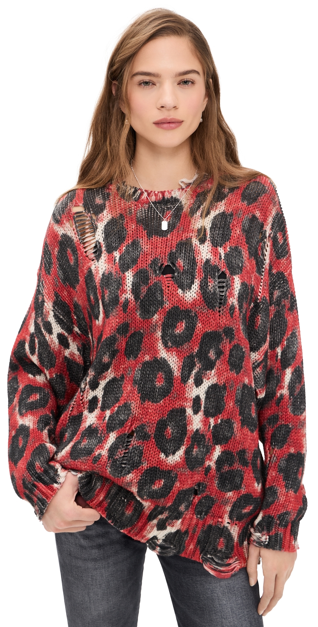 Printed Oversized Sweater Red/Black Leopard