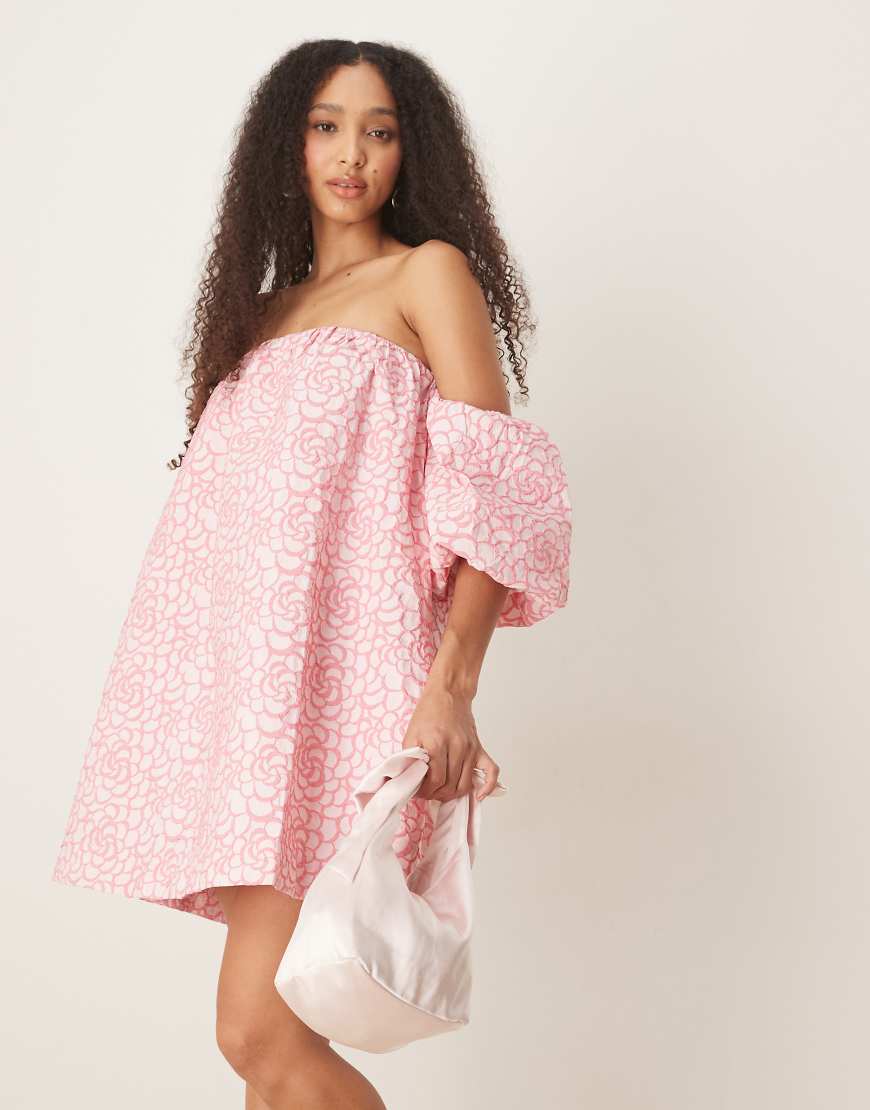 YAS textured rose jaquard off shoulder mini dress in pink