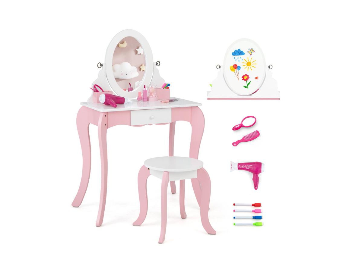 Pretend Kids Vanity Set with 360° Rotatable Mirror and Play Accessories - Pink/white