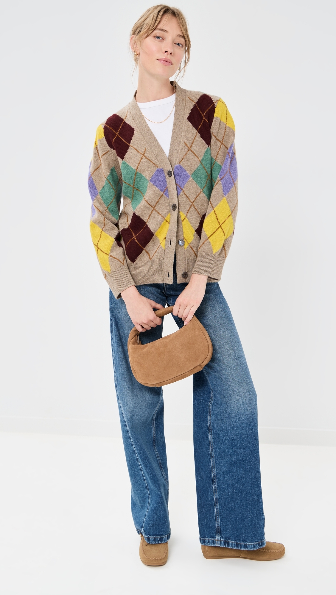 &Argyle Grandad Lambswool Cardigan Dark Natural With Yellow