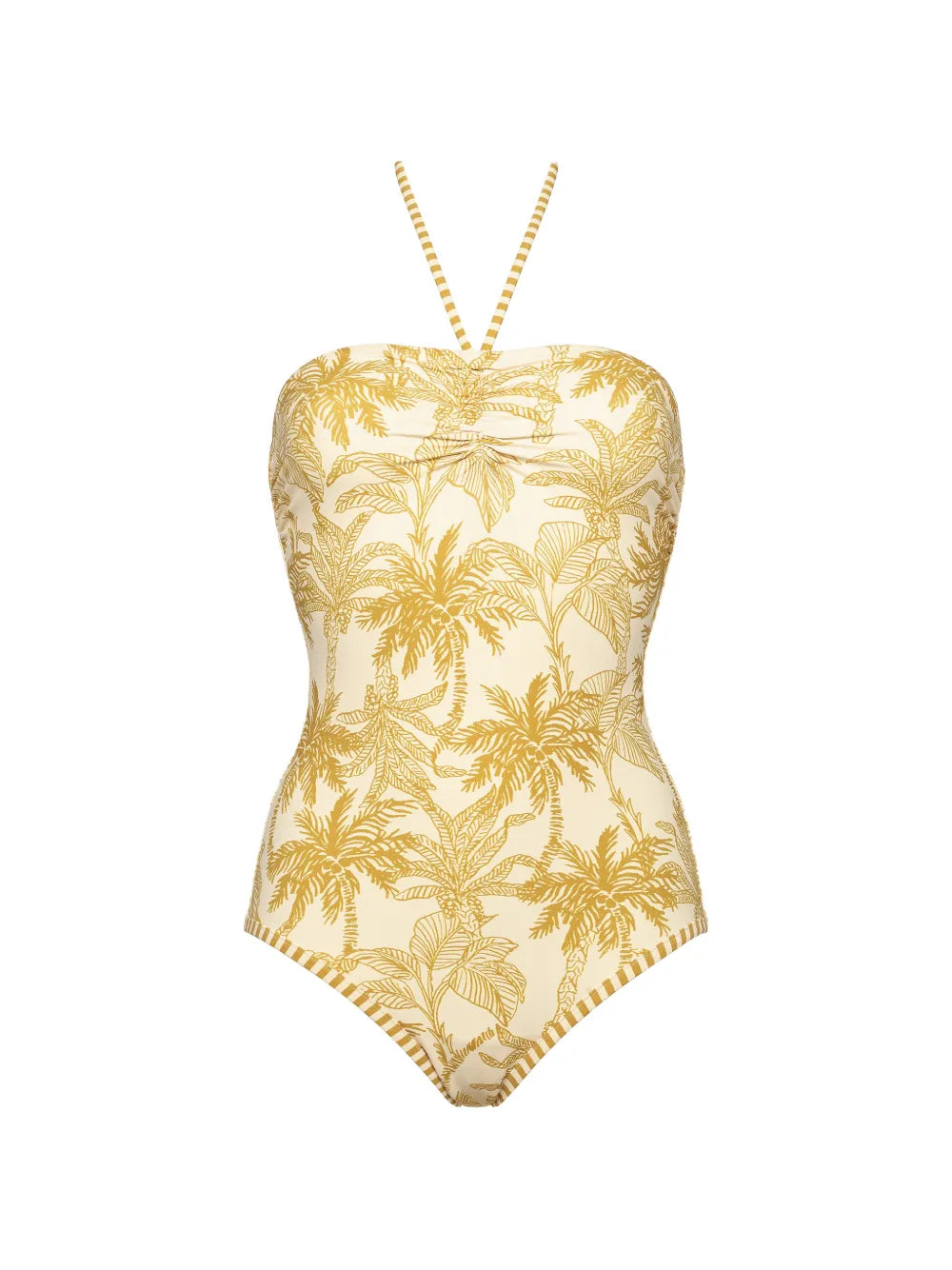Palm-Print Bustier Swimsuit — Gold