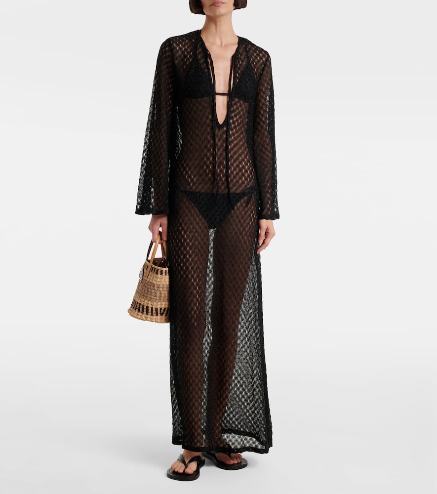 Open-knit tie-neck lamé kaftan