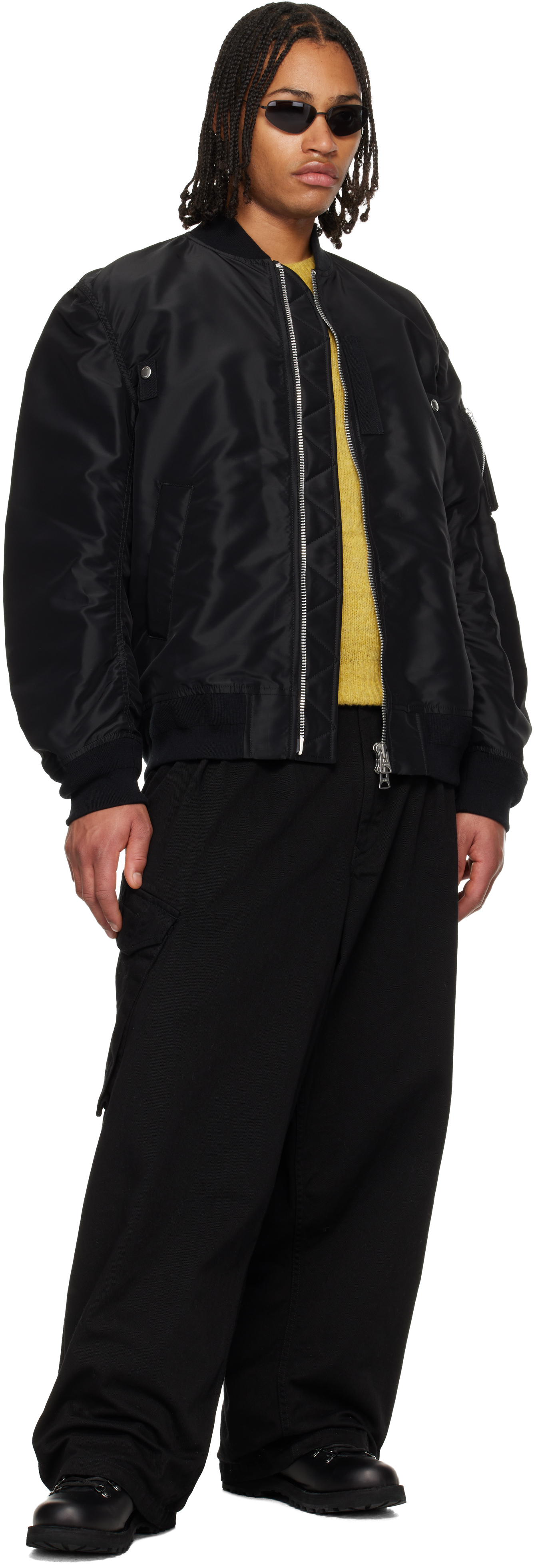 Black Nylon Twill Blouson Bomber Jacket