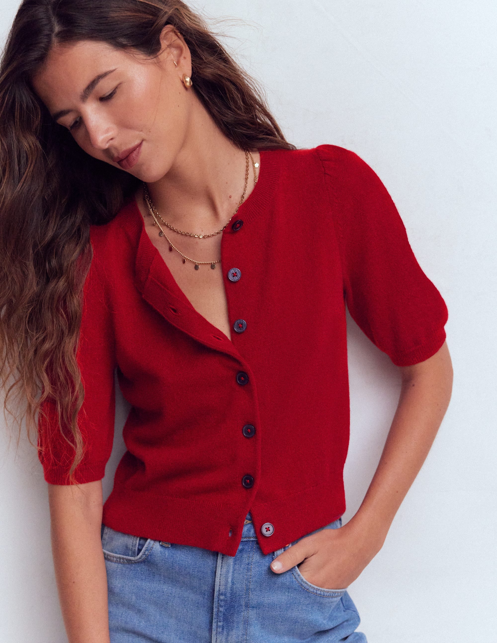 Women's Cropped Cashmere Cardigan in Red | Size XS