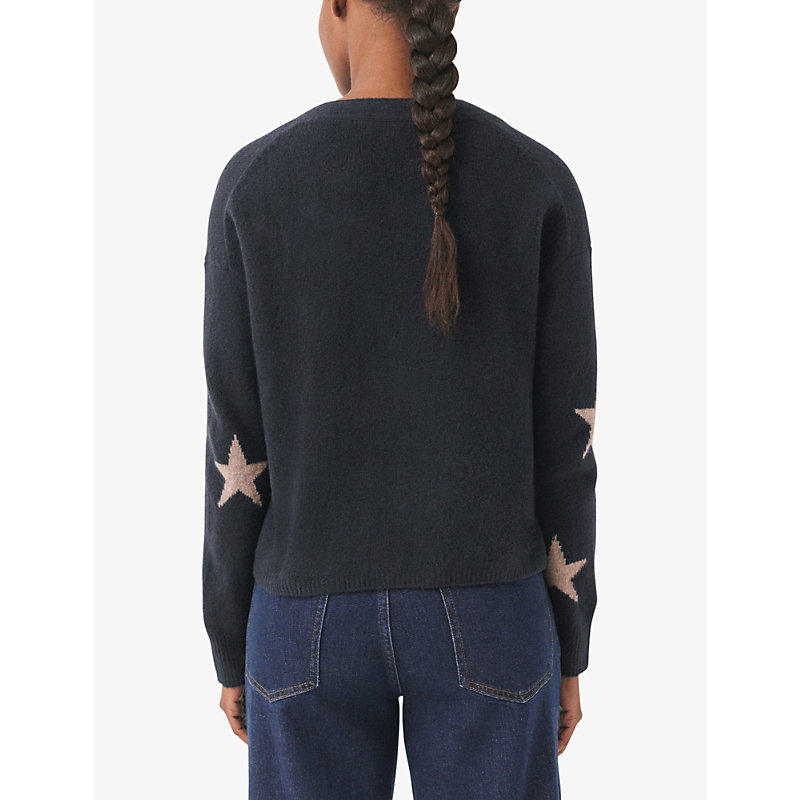 Womens Navy Star-intarsia Round-neck Organic Cotton-blend Knitted Cardigan 