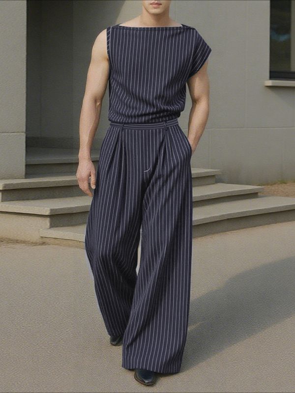Men's Striped One-Shoulder Two Pieces Outfit SKUL35006 - Dark Blue / S