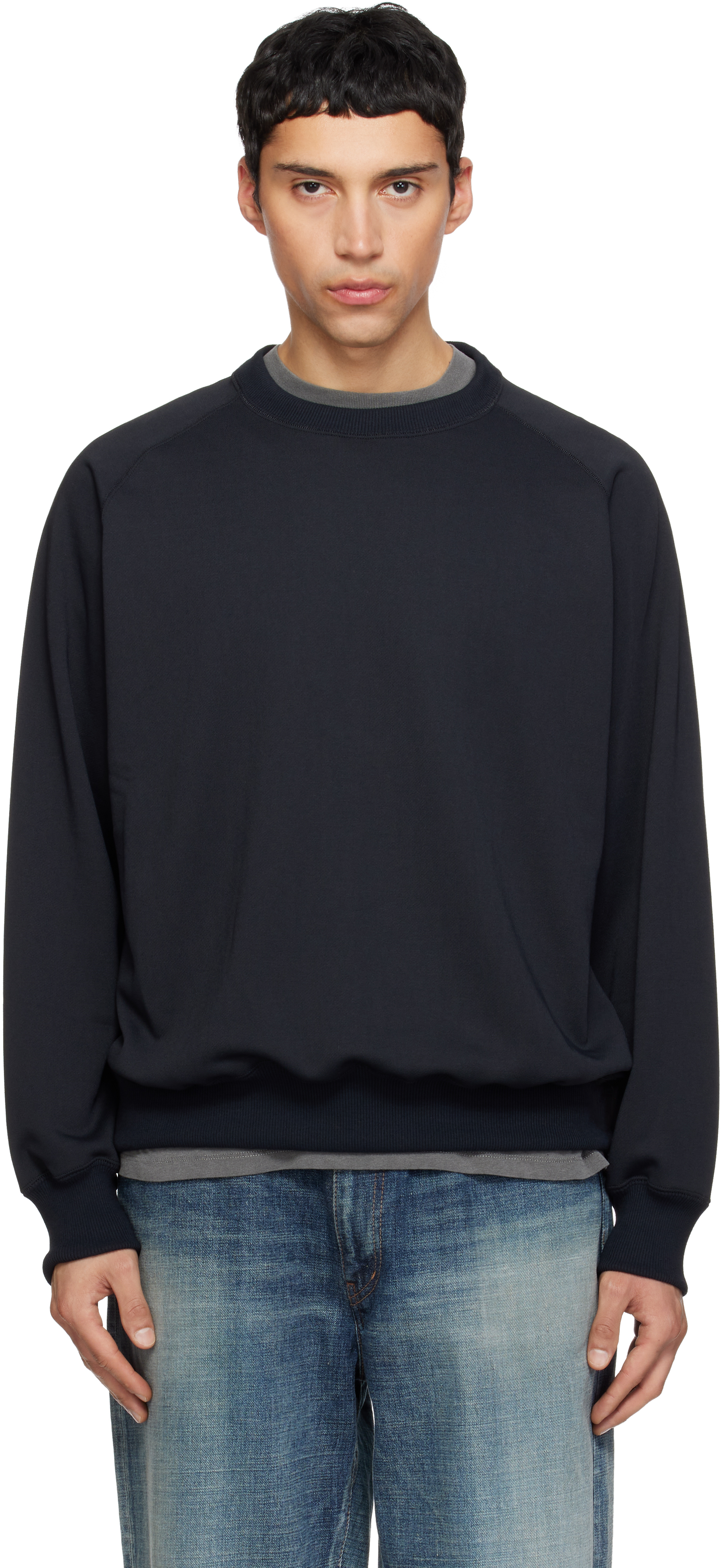 Black Polyester Pile Crew Neck Sweatshirt